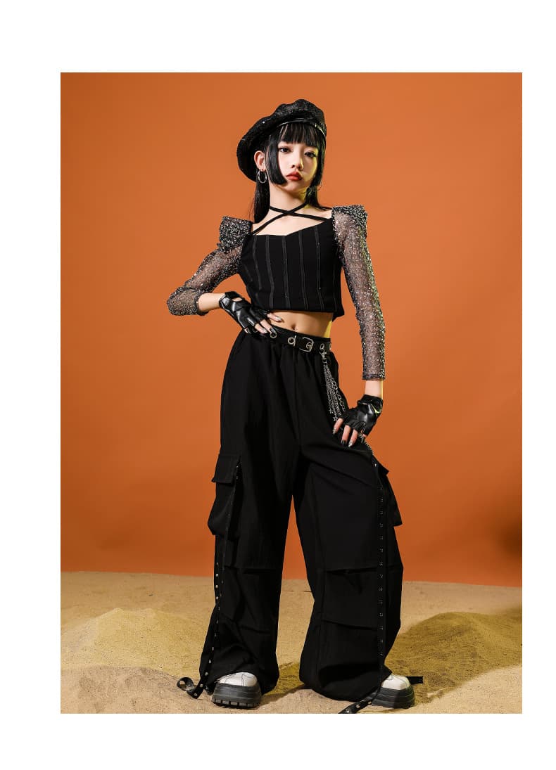 アイドル衣装 メッシュスリーブクロップドセットアップ